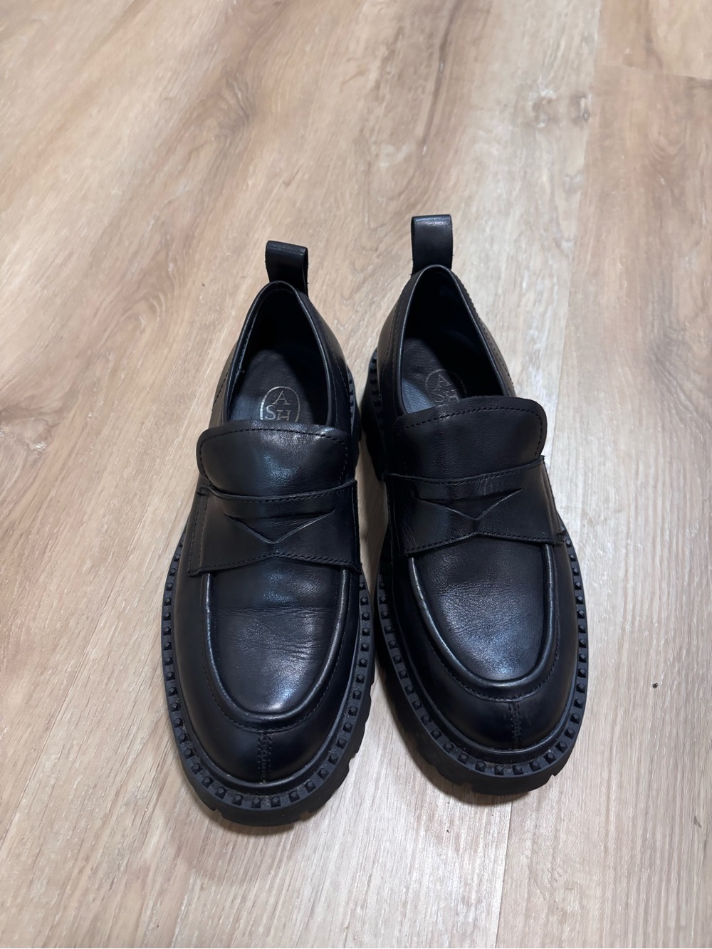 Ash Black Leather Slip-On Loafers with Chunky Studded Sole size 37